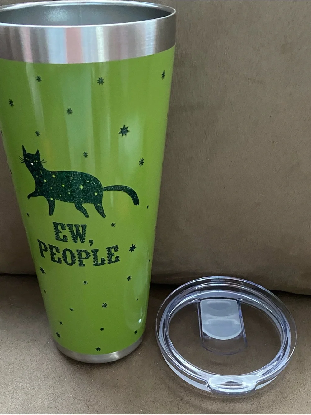 Cracker Barrel Lime Green Tumbler with Glittery Black Cat Graphic